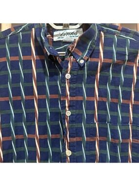 Links Shirt Men Size M Blue Brown Green Button Up Short Sleeve 100% Cotton 90s